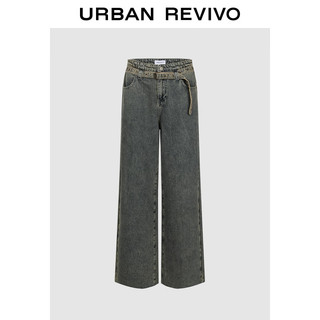 URBAN REVIVO UR2024秋季女复古做旧可拆卸腰带毛须牛仔长裤UWV840217 蓝色 27