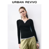 URBAN REVIVO UR2024秋季女装时髦撞色假两件挂脖修身长袖T恤UWJ440095 黑色 S