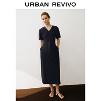 URBAN REVIVO UR2024秋季女装优雅气质V领开衩短袖连衣裙UWH740103 正黑 XL