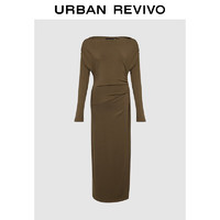 URBAN REVIVO UR2024秋季女装气质一字领收腰褶皱长袖连衣裙UWG740235 绿卡其 XS