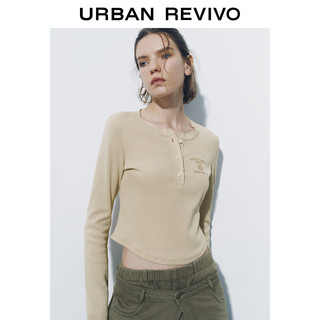 URBAN REVIVO UR2024秋冬女装休闲感字母刺绣修身长袖T恤UYL440037 卡其 S