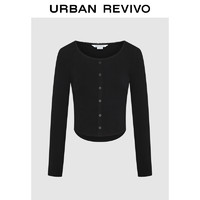 URBAN REVIVO UR2024秋季女装气质减龄花边修身套头长袖T恤UYV440079 黑色 S