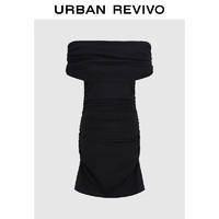 URBAN REVIVO UR2024秋季女装气质魅力一字领褶皱露肩连衣裙UWG740200 正黑 S