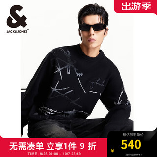 杰克·琼斯（JACK&JONES）秋季男士圆领针织衫衣身织花设计罗纹百搭潮流刺绣毛衣224425001 黑色E40 黑色E40 190/108A/XXL