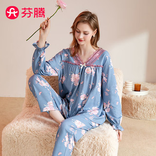 FENTENG 芬腾 睡衣女秋季2024纯棉蕾丝边V领套头长袖家居服套装Q9FJ257390081