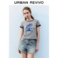 URBAN REVIVO UR2024秋季女装时尚休闲印花图案棉质短袖T恤UYL440021 花灰 XL