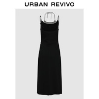 URBAN REVIVO UR2024秋季女撞色假两件设计感挂脖系带连衣裙UYV740004 正黑 XS