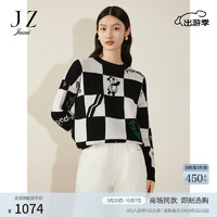 玖姿（JUZUI）时尚个性棋盘格熊猫羊毛针织衫冬季JWCD31004 格黑 XS