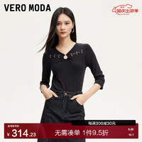 VERO MODA VEROMODAT恤女2024秋季女装V领七分袖胸部扣环设计感修身气质 黑色 165/84A/M