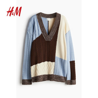 H&M2024秋季女装混纺针织套衫1254926 浅蓝色/深棕色 155/80 XS