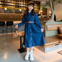 D.S.TongHua 迪莎童话 女童连衣裙长袖秋装新款中大童女孩韩版时尚洋气长袖牛仔裙学生裙 蓝色 160