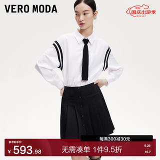 VERO MODA VEROMODA连衣裙女2024早秋可拆卸领带落肩袖拼接A摆百褶裙学院风减龄 黑色 155/76A/XS