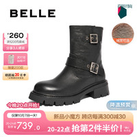 BeLLE 百丽 时尚潮酷休闲靴女2024冬季真皮街头短靴B8G1DDZ4 黑色-绒里 34