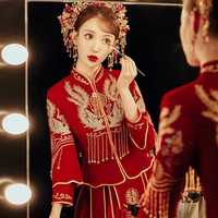 龍曼尼仕 丝绒秀禾服新娘2023中式婚纱结婚礼服古装旗袍敬酒服婚礼服 丝绒双凤戏珠 5XL