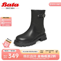 Bata 拔佳 时装靴女英伦粗跟牛皮通勤短筒靴18651DZ3 黑色 38