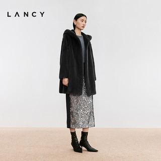 朗姿/LANCY24冬连帽水貂毛皮草中长貂皮大衣女高端气质外套女 深灰色 L