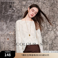 3COLOUR 三彩 2024秋季重工羽毛小衫剪花流苏一字领上衣宽松优雅女 米白色发 155/80A/S