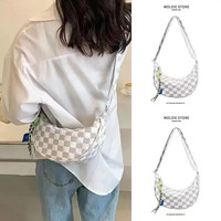 墨缇户外背包ins棋盘格包包女时尚休闲百搭饺子包单肩斜挎包 绿色饺子包+挂绳