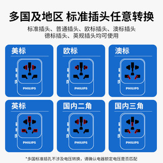 飞利浦（PHILIPS）旅行插座全球多国通用转换器/澳门香港新加坡美国日本欧洲德英标充电头usb一转多便携出国转换插头 12W多国通用USB*2+1C【1005黑色】