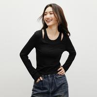 HOPESHOW 红袖 2024秋季女装简约纯欲假两件抽褶圆领套头T恤上衣