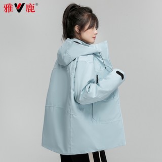 雅鹿鹅绒羽绒服女2024冬季时尚户外工装加厚保暖连帽脱卸内胆外套 蓝色 2XL