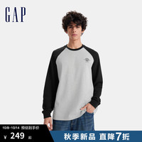 Gap男女装2024秋冬新款水洗棉logo撞色插肩长袖T恤休闲上衣636679 灰色 165/84A(XS)亚洲尺码