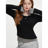 范思蓝恩减龄U领蝴蝶结修身针织衫2024秋装芭蕾风少女感上衣 黑色 M