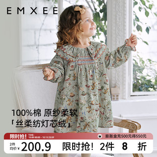 EMXEE 嫚熙 女童连衣裙蘑法森林丝柔纺灯芯绒印花公主裙宝宝秋季长袖裙子 蘑法森林 80cm