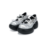 littlegood甜美厚底玛丽珍鞋女2024百搭蝴蝶结小皮鞋 银色 40