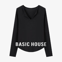 Basic House/百家好早秋山羊绒V领长袖T恤弧形下摆外搭上衣女 黑色 XL