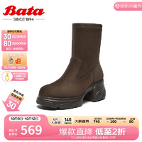 Bata 拔佳 弹力瘦瘦靴女2024冬季商场通勤百搭粗跟短筒靴UJR01DZ4 深咖-单里 41