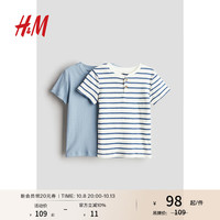 H&M童装男童T恤2件装2024秋季新款可爱舒适百搭亨利上衣1220252