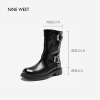 88VIP：NINE WEST 玖熙 方糖骑士机车短靴女2024秋冬新款加绒西部中筒靴子