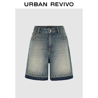 URBAN REVIVO UR2024秋季女装高街洗水磨白斜纹毛边牛仔短裤UWJ840075 蓝色 30