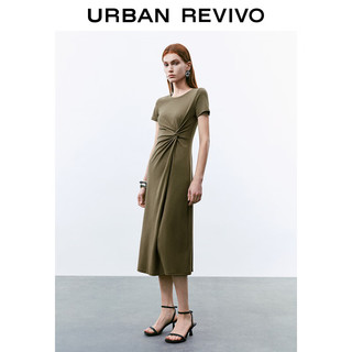 URBAN REVIVO 女士简约气质扭褶圆领短袖连衣裙 UWM740004 绿卡其 XS