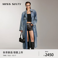 MISS SIXTY2024秋季新款牛仔大衣女翻领配腰带长款外套复古通勤风