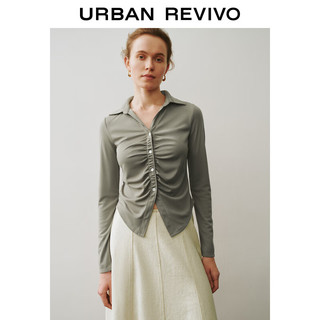 URBAN REVIVO UR2024秋季女设计感收腰褶皱修身长袖开襟衬衫UWM240014 灰绿 M