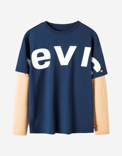 Levi's李维斯童装春秋款男童T恤儿童假2件撞色打底衫 深靛蓝 150/72(M)