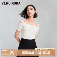 VERO MODA VEROMODA T恤女2024春夏新款优雅简约摩登吊带一字肩立体水钻字母装饰上衣