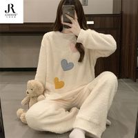 百亿补贴：Junerose 六月玫瑰 爱心半边绒睡衣女秋冬季款加绒圆领韩版珊瑚绒家居服套装