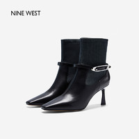 88VIP：NINE WEST 玖熙 瘦瘦靴女2024秋冬新款弹力袜靴小方头饰扣气质短靴