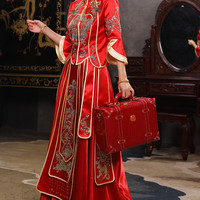 柒亓 陪嫁箱红色行李箱结婚箱子20万中式订婚嫁妆箱手提密码箱婚嫁皮箱 酒红色鳄鱼