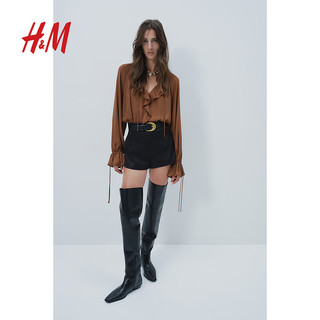 H&M2024秋季新款女装衬衫时尚休闲百搭纯色褶边上衣1247399