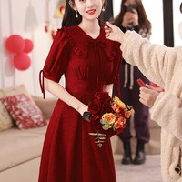 晗丽5132小个子红色提花订婚连衣裙气质显瘦新娘回门敬酒服礼服裙