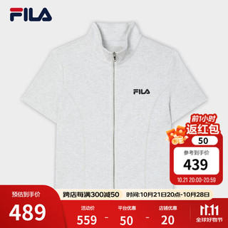 FILA 斐乐 女士针织短袖外套2024夏时尚休闲修身立领上衣 浅淡花灰-MG 170/88A/L