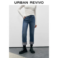 URBAN REVIVO UR2024冬季新款女装休闲翻边复古水洗牛仔长裤UWM840058