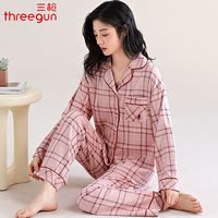 三枪新疆棉睡衣女士春秋款纯棉长袖格子大码全棉秋冬季家居服套装