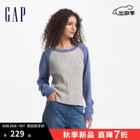 Gap女装2024初秋LOGO撞色插肩袖圆领毛衣宽松针织衫634840 灰蓝拼接 160/80A(S) 亚洲尺码