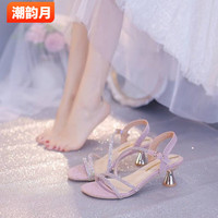 潮韵月 仙女风时尚粗跟罗马水钻一字带休闲高跟鞋