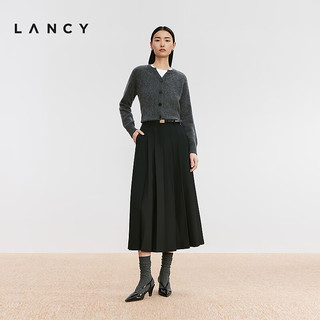 朗姿/LANCY24冬气质高腰压褶长款半身裙高级感通勤A字半裙女 夜幕黑色 2XL